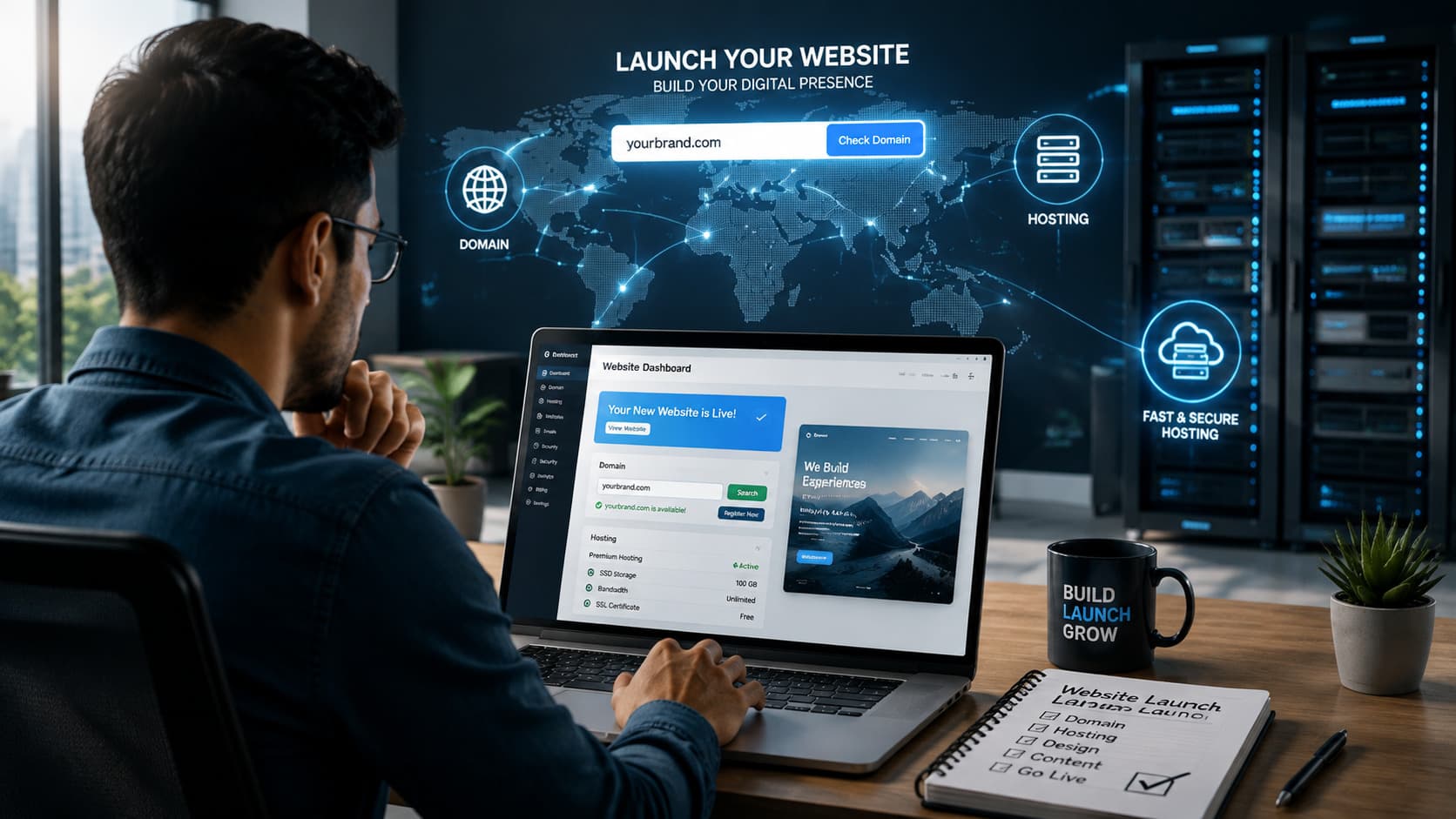 A web developer analyzing server metrics on a laptop, reviewing the best domain and hosting provider compared for performance and security.