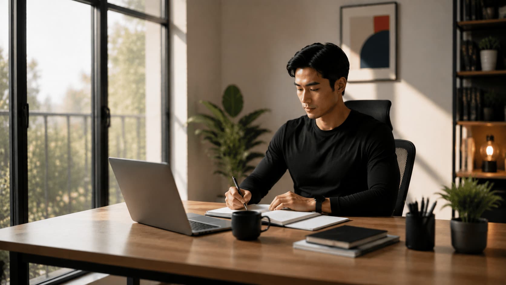A freelancer working at a desk with a laptop and coffee during a best morning routine for freelancers.