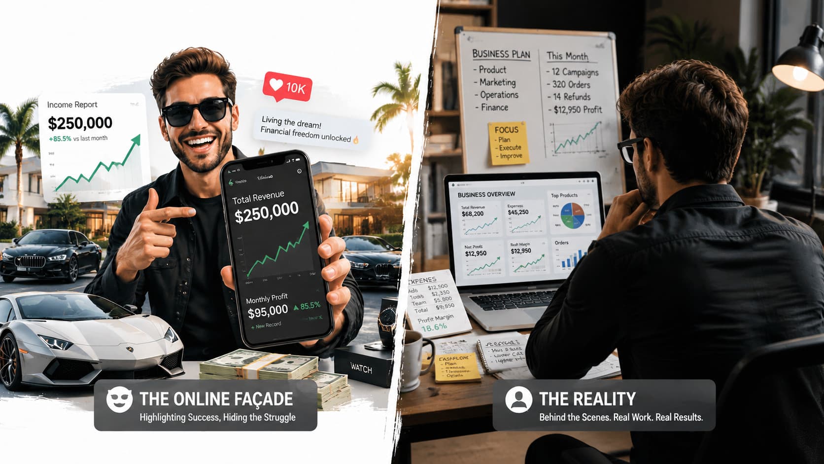 An image comparing social media luxury marketing with real business operations, showing how fake income screenshots mislead viewers.