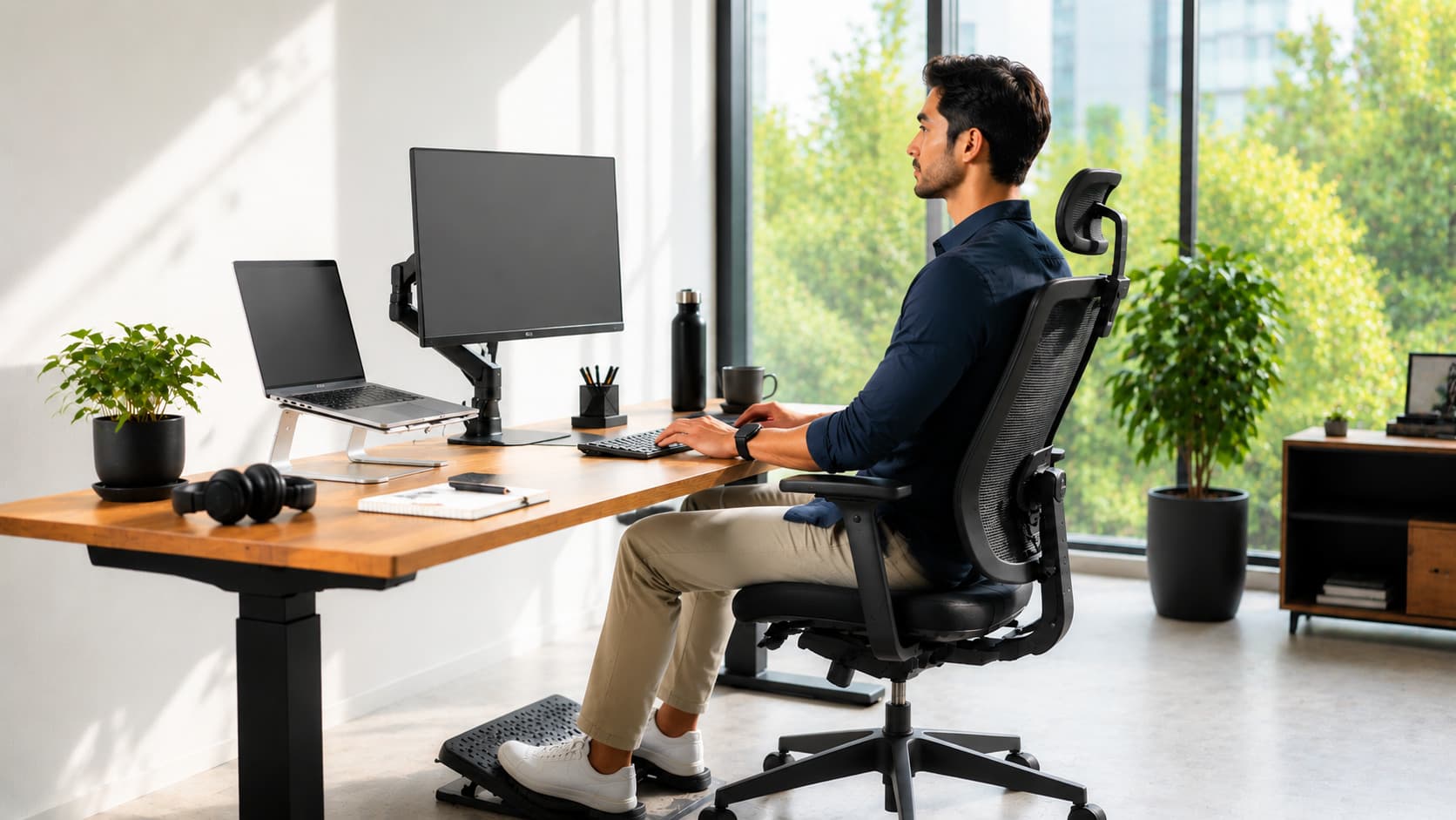 A freelancer working at an organized desk, illustrating freelancer burnout causes signs prevention and recovery. (Contains Keyword)