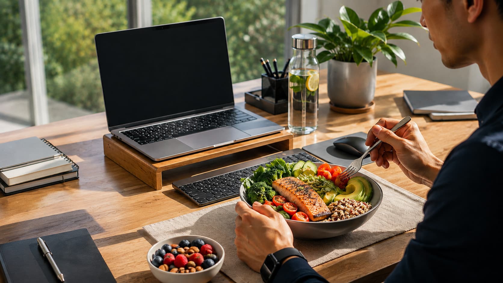 A remote worker enjoying a balanced lunch at a clean desk setup, practicing healthy eating while working from home.