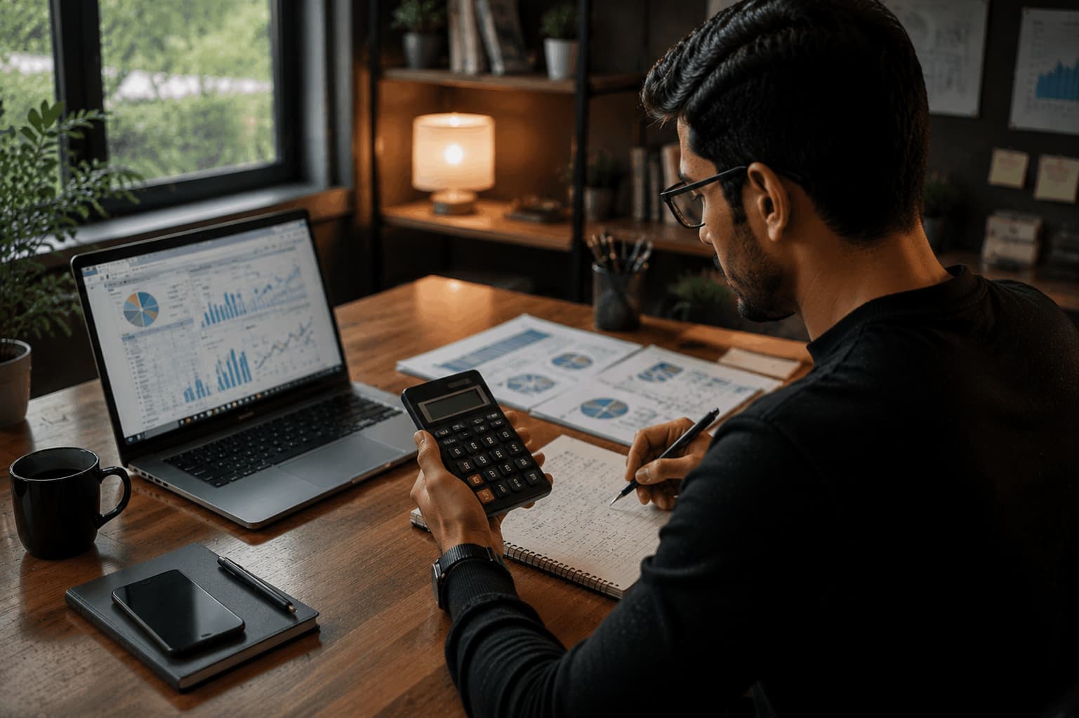 A freelancer analyzing income targets and calculating rates on a smartphone and laptop.