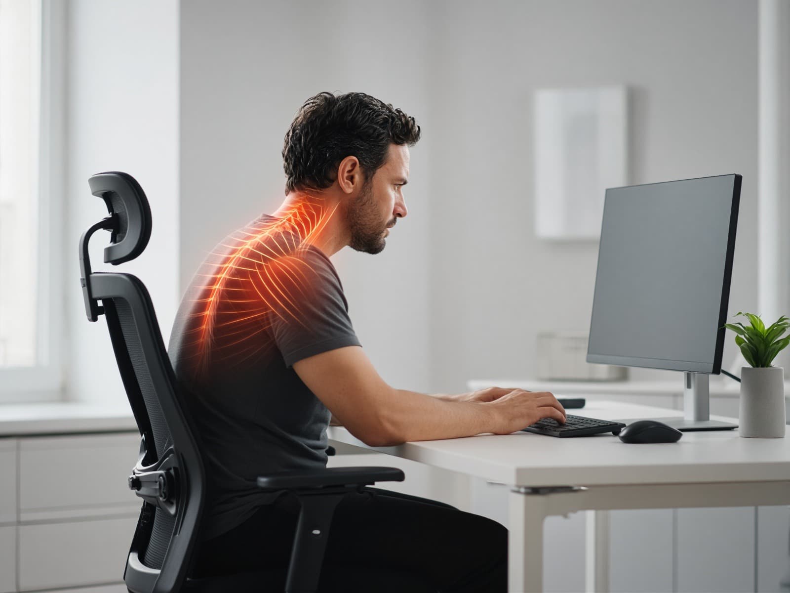 A desk worker working productively with proper alignment, demonstrating neck pain relief strategies for desk workers.