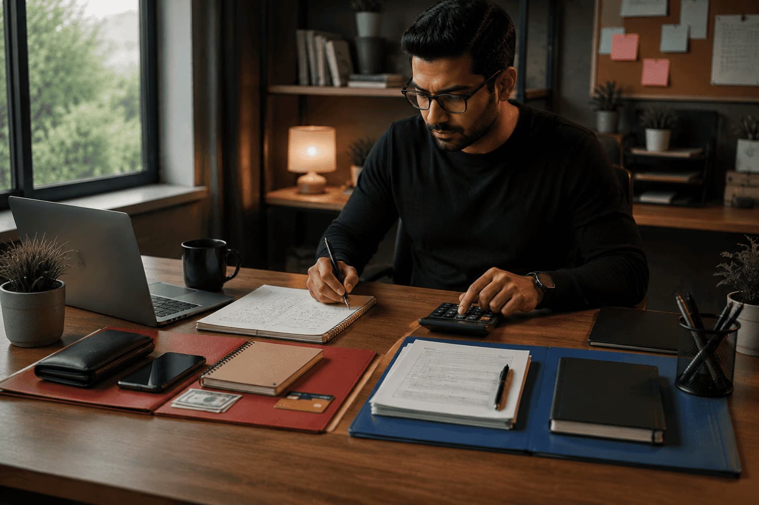 A freelancer sitting at a desk managing finances with a laptop, calculator, and ledger.